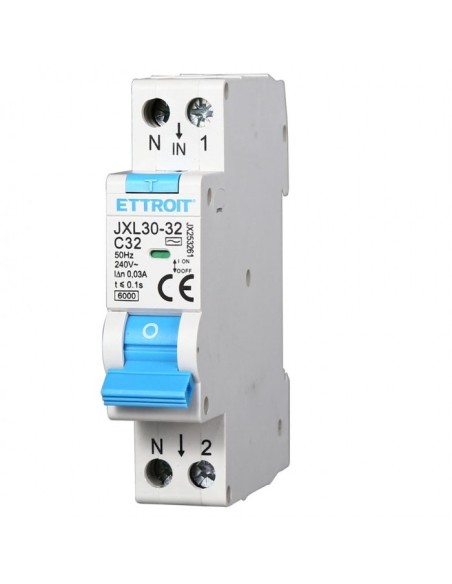 Disjoncteur à courant résiduel 1P+N, 1 module, 230Vac, 32A, 30mA, 6KA - Ettroit JX253261