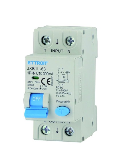 Residual current circuit breaker 1P+N, 2 modules, 230Vac, 10A, 300mA, 6KA, class A - Ettroit JX251068
