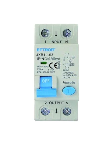Residual current circuit breaker 1P+N, 2 modules, 230Vac, 10A, 300mA, 6KA, class A - Ettroit JX251068