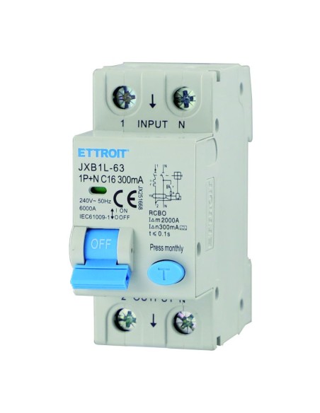 Disjoncteur à courant résiduel 1P+N, 2 modules, 220Vac, 16A, 300mA, 6KA, classe A - Ettroit JX251668