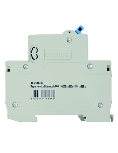 Interruttore magnetotermico differenziale 1P+N, 2 moduli, 220Vac, 16A, 300mA, 6KA, classe A - Ettroit JX251668