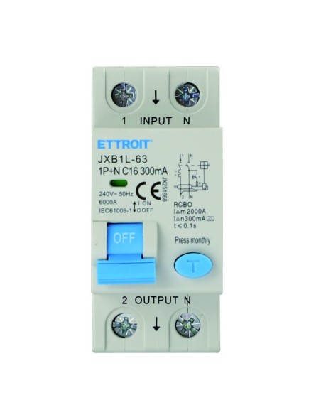 Disjoncteur à courant résiduel 1P+N, 2 modules, 220Vac, 16A, 300mA, 6KA, classe A - Ettroit JX251668