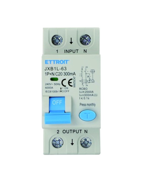 Residual current circuit breaker 1P+N, 2 modules, 230Vac, 20A, 300mA, 6KA, class A - Ettroit JX252068