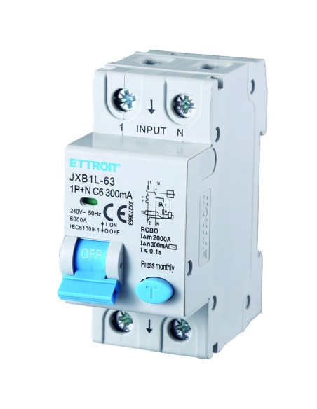 Disjoncteur à courant résiduel 1P+N, 2 modules, 230Vac, 6A, 300mA, 6KA - Ettroit JX270663