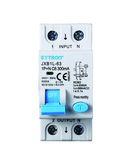 Residual current circuit breaker 1P+N, 2 modules, 230Vac, 6A, 300mA, 6KA - Ettroit JX270663