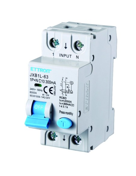 Disjoncteur à courant résiduel 1P+N, 2 modules, 230Vac, 10A, 300mA, 6KA - Ettroit JX271063