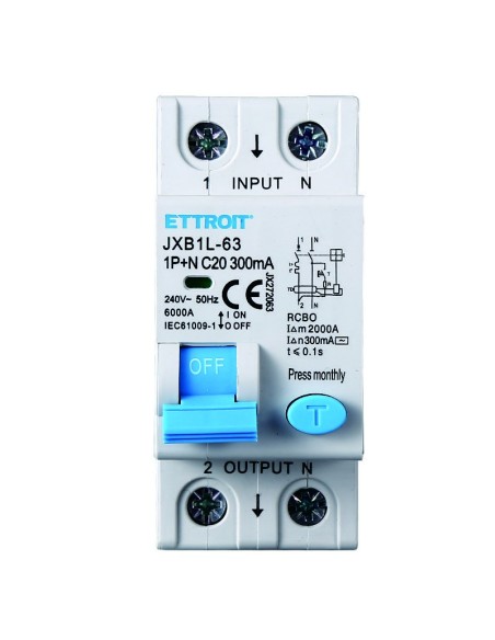 Fehlerstrom-Schutzschalter 1P+N, 2 Module, 230Vac, 20A, 300mA, 6KA - Ettroit JX272063