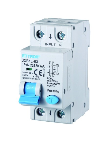 Disjoncteur à courant résiduel 1P+N, 2 modules, 230Vac, 25A, 300mA, 6KA - Ettroit JX272563
