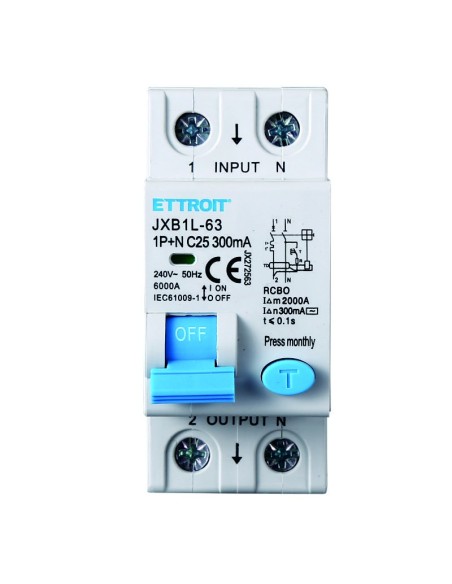 Disjoncteur à courant résiduel 1P+N, 2 modules, 230Vac, 25A, 300mA, 6KA - Ettroit JX272563