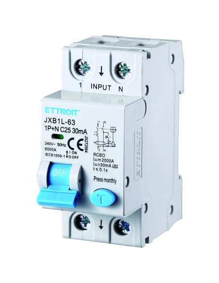 Residual current circuit breaker 1P+N, 2 modules, 230Vac, 25A, 30mA, 6KA, class A - Ettroit JX272564