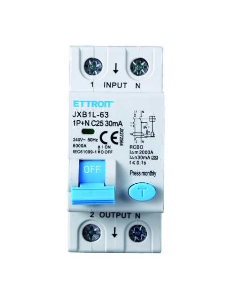 Residual current circuit breaker 1P+N, 2 modules, 230Vac, 25A, 30mA, 6KA, class A - Ettroit JX272564