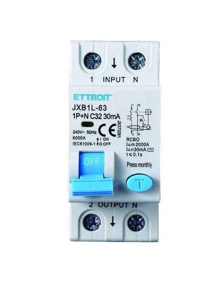 Disjoncteur à courant résiduel 1P+N, 2 modules, 230Vac, 32A, 30mA, 6KA - Ettroit JX273261