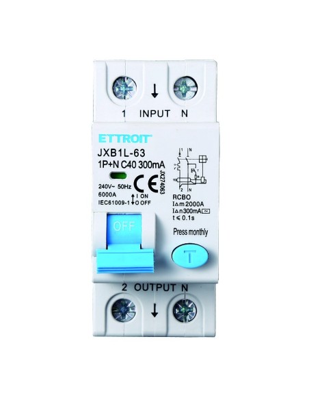 Disjoncteur à courant résiduel 1P+N, 2 modules, 230Vac, 40A, 300mA, 6KA - Ettroit JX274063