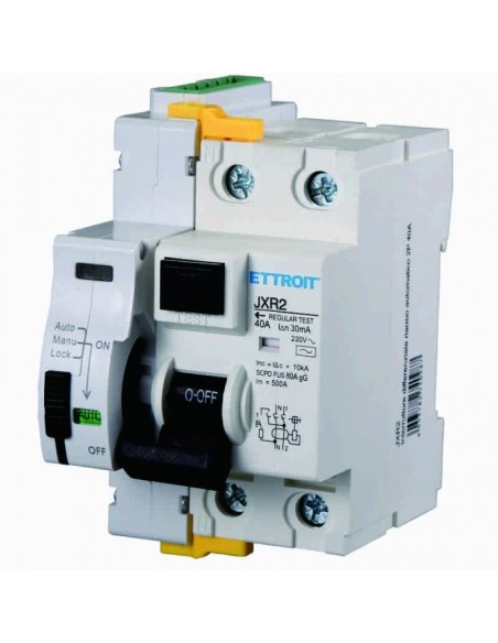 Stop&go-Differentialschutzschalter mit automatischer Rückstellung, 2P, 3 Module, 230Vac, 40A, 30mA, 10KA - Ettroit JXR2