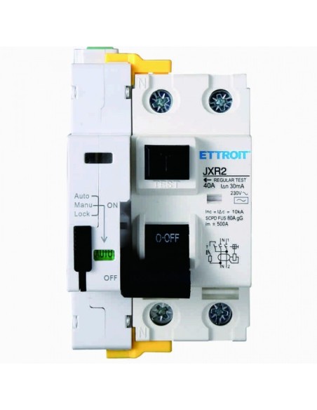 Stop&go-Differentialschutzschalter mit automatischer Rückstellung, 2P, 3 Module, 230Vac, 40A, 30mA, 10KA - Ettroit JXR2