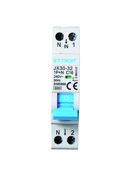 Disjoncteur magnétothermique 1P+N, 1 module, 230Vac, 16A, courbe C, 6KA - Ettroit JX151660