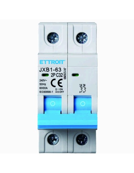 Interruttore magnetotermico 2P, 2 moduli, 230Vac, 32A, curva C, 6KA - Ettroit JX123260