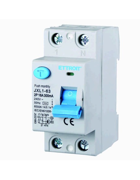 Interruptor diferencial residual puro 2P, 2 módulos, tipo AC, 240Vac, 16A, 300mA, 6KA - Ettroit JX321663