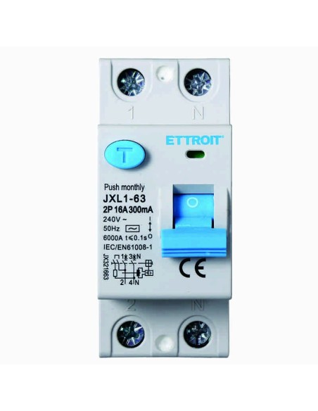 Interruptor diferencial residual puro 2P, 2 módulos, tipo AC, 240Vac, 16A, 300mA, 6KA - Ettroit JX321663
