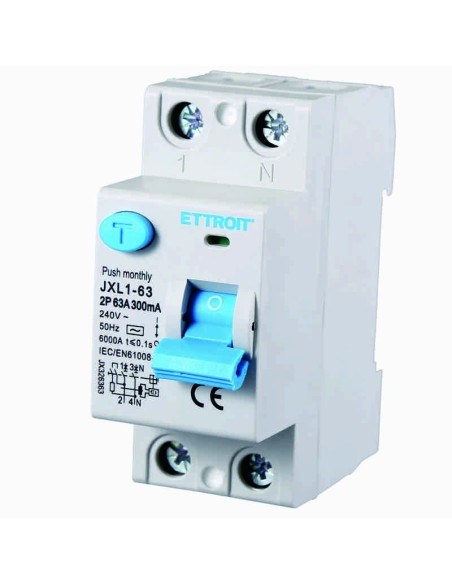 Interruptor diferencial residual puro 2P, 2 módulos, tipo AC, 240Vac, 63A, 300mA, 6KA - Ettroit JX326363
