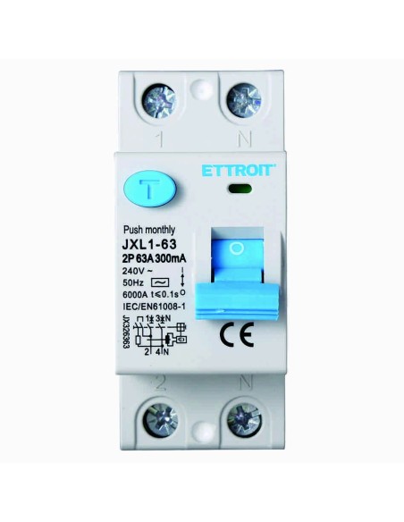 Zuivere aardlekschakelaar 2P, 2 modulen, AC type, 240Vac, 63A, 300mA, 6KA - Ettroit JX326363
