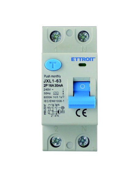 Zuivere aardlekschakelaar 2P, 2 modulen, AC type, 240Vac, 16A, 30mA, 6KA, klasse A - Ettroit JX321664