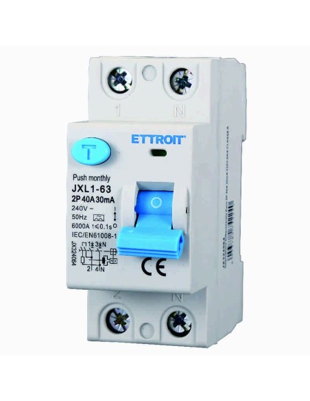Fehlerstrom-Schutzschalter 2P, 2 Module, Typ AC, 240Vac, 40A, 30mA, 6KA, Klasse A - Ettroit JX324064