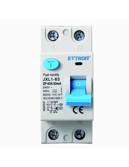 Fehlerstrom-Schutzschalter 2P, 2 Module, Typ AC, 240Vac, 40A, 30mA, 6KA, Klasse A - Ettroit JX324064