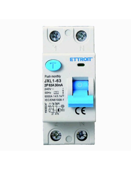 Pure residual current circuit breaker 2P, 2 modules, AC type, 240Vac, 63A, 30mA, 6KA, class A - Ettroit JX326364