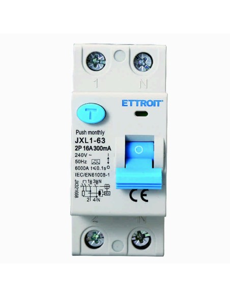 Pure residual current circuit breaker 2P, 2 modules, AC type, 240Vac, 16A, 300mA, 6KA, class A - Ettroit JX321668