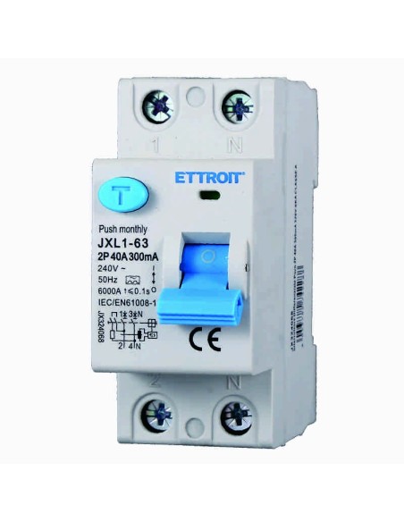 Fehlerstrom-Schutzschalter 2P, 2 Module, Typ AC, 240Vac, 40A, 300mA, 6KA, Klasse A - Ettroit JX324068