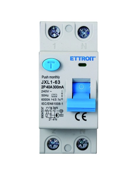Fehlerstrom-Schutzschalter 2P, 2 Module, Typ AC, 240Vac, 40A, 300mA, 6KA, Klasse A - Ettroit JX324068