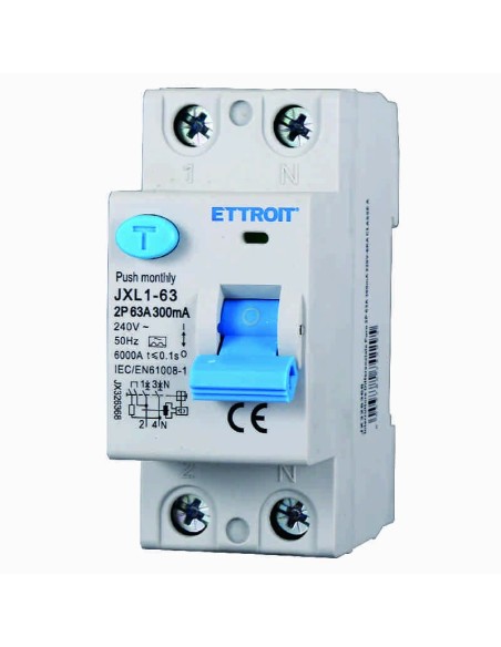 Interruptor diferencial residual puro 2P, 2 módulos, tipo AC, 240Vac, 63A, 300mA, 6KA, clase A - Ettroit JX326368