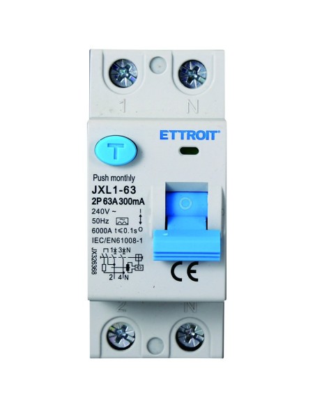 Interruptor diferencial residual puro 2P, 2 módulos, tipo AC, 240Vac, 63A, 300mA, 6KA, clase A - Ettroit JX326368