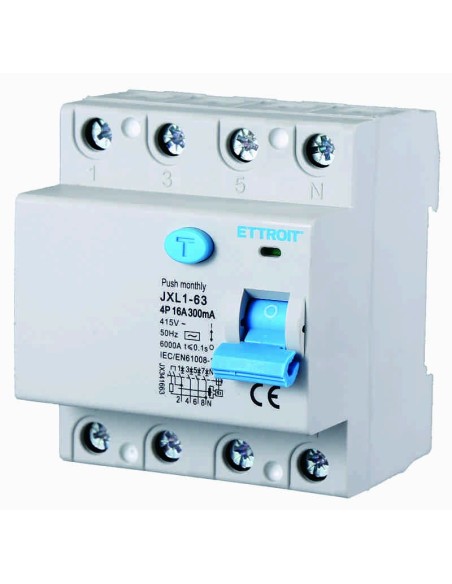 Zuivere aardlekschakelaar 4P, 4 modulen, AC type, 380Vac, 16A, 300mA, 6KA - Ettroit JX341663
