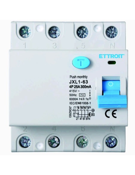 Zuivere aardlekschakelaar 4P, 4 modulen, AC type, 380Vac, 25A, 300mA, 6KA - Ettroit JX342563