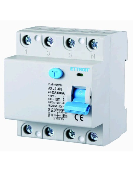 Fehlerstrom-Schutzschalter 4P, 4 Module, AC-Typ, 380Vac, 63A, 300mA, 6KA - Ettroit JX346363
