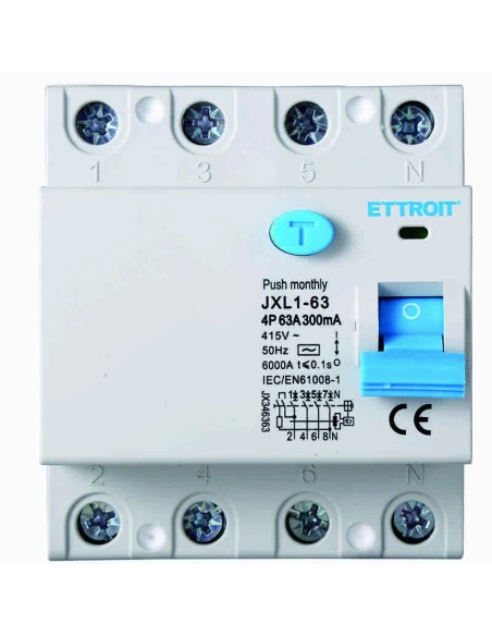 Fehlerstrom-Schutzschalter 4P, 4 Module, AC-Typ, 380Vac, 63A, 300mA, 6KA - Ettroit JX346363
