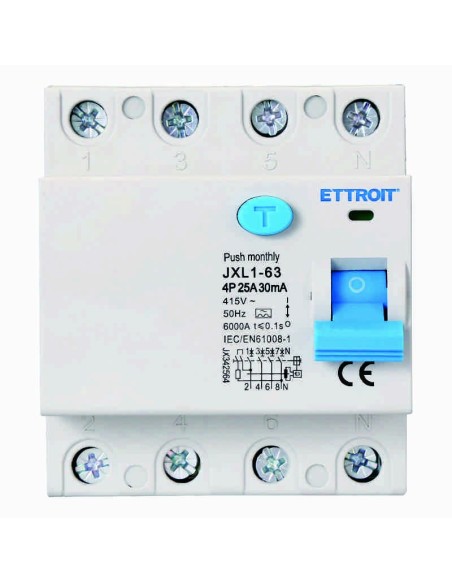 Zuivere aardlekschakelaar 4P, 4 modulen, AC type, 380Vac, 25A, 30mA, 6KA, klasse A - Ettroit JX342564