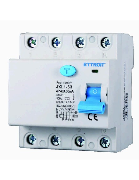 Zuivere aardlekschakelaar 4P, 4 modulen, AC type, 380Vac, 40A, 30mA, 6KA, klasse A - Ettroit JX344064