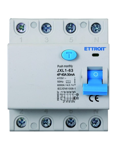 Pure residual current circuit breaker 4P, 4 modules, AC type, 380Vac, 40A, 30mA, 6KA, class A - Ettroit JX344064