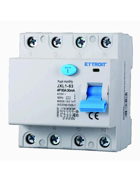 Zuivere aardlekschakelaar 4P, 4 modulen, AC type, 380Vac, 63A, 30mA, 6KA, klasse A - Ettroit JX346364