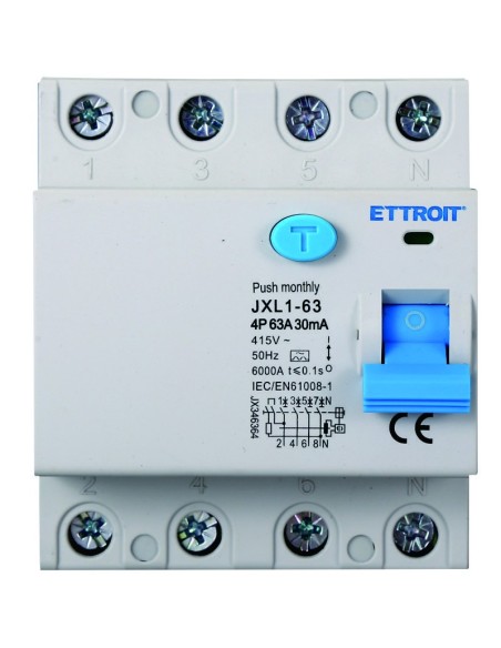 Pure residual current circuit breaker 4P, 4 modules, AC type, 380Vac, 63A, 30mA, 6KA, class A - Ettroit JX346364