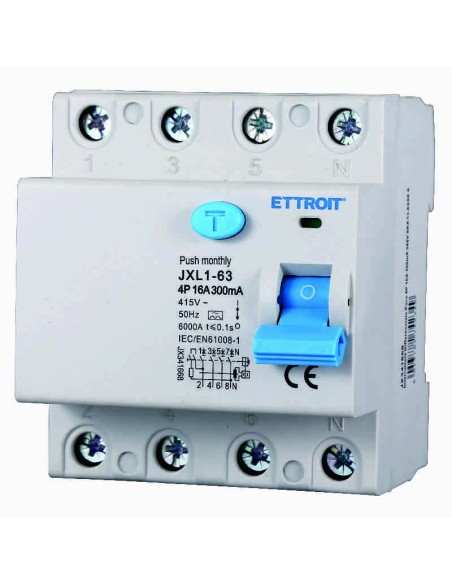 Fehlerstrom-Schutzschalter 4P, 4 Module, Typ AC, 380Vac, 16A, 300mA, 6KA, Klasse A - Ettroit JX341668