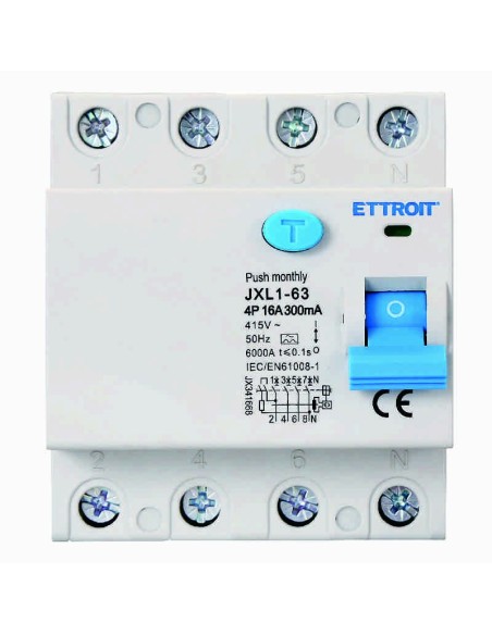 Zuivere aardlekschakelaar 4P, 4 modulen, AC type, 380Vac, 16A, 300mA, 6KA, klasse A - Ettroit JX341668