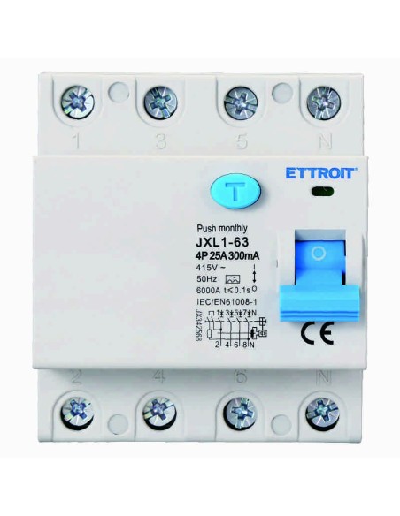 Zuivere aardlekschakelaar 4P, 4 modulen, AC type, 380Vac, 25A, 300mA, 6KA, klasse A - Ettroit JX342568