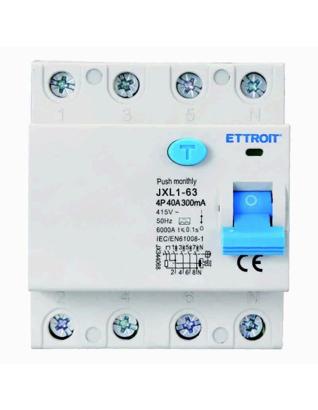Zuivere aardlekschakelaar 4P, 4 modulen, AC type, 380Vac, 40A, 300mA, 6KA, klasse A - Ettroit JX344068