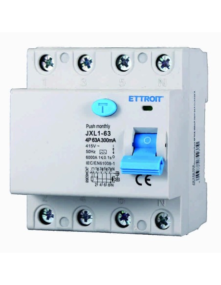 Zuivere aardlekschakelaar 4P, 4 modulen, AC type, 380Vac, 63A, 300mA, 6KA, klasse A - Ettroit JX346368