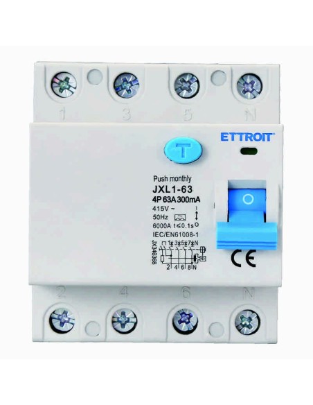 Reiner Fehlerstromschutzschalter 4P, 4 Module, Typ AC, 380Vac, 63A, 300mA, 6KA, Klasse A - Ettroit JX346368