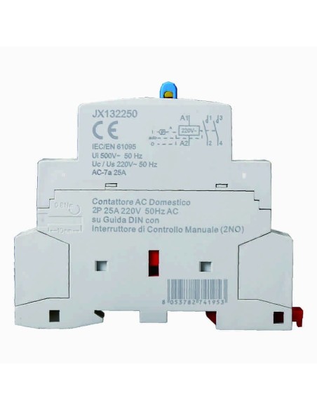 Contacteur 230Vac, 2P, 25A, 1 module, avec interrupteur de commande manuelle (2 NO) - Ettroit JX132250